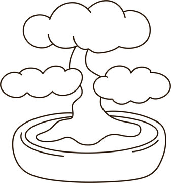Cute Bonsai Tree Potted Plant Line Art Cartoon Minimalist Icon