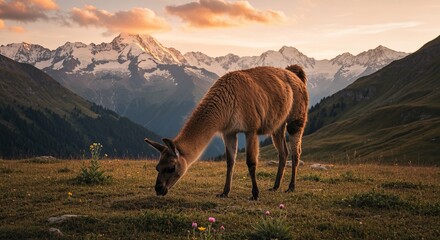Obraz premium Llama grazing on an alpine meadow with snow-capped mountains, golden hour, soft light