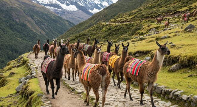 Herd of llamas walking along an Andean trail with colorful woven blankets, high detail