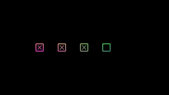 Gradient colored square checkbox icons with cross marks on black background