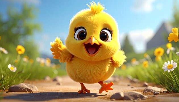 Cute Fluffy Yellow Baby Chick Character Walking Happily on a Sunny Springtime Garden Path