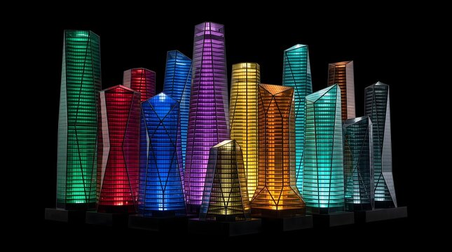 A vibrant spectrum of illuminated futuristic skyscrapers standing together in darkness, a powerful metaphor for diverse architectural innovation, modern urban progress, and economic...