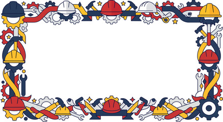 Obraz premium A vibrant vector border featuring various construction tools and hard hats in red, blue, yellow, and grey, arranged around a white rectangular space.