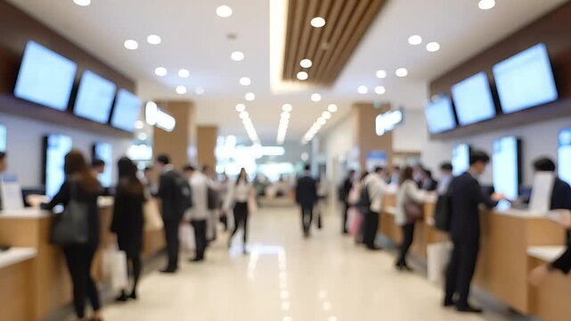 Blurred view of a busy modern office or bank interior with numerous people at service counters and walking through the hall.