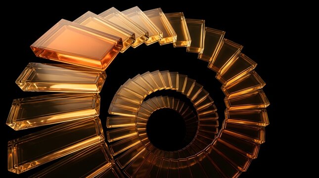A swirl of luminous golden glass blocks ascends into the dark void, serving as a striking visual metaphor for continuous growth, strategic progress, and the golden ratio of success.