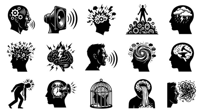 Stress and Overload Concepts: Brain, Loudspeaker, Cogwheels, Birdcage Icons, Black and White