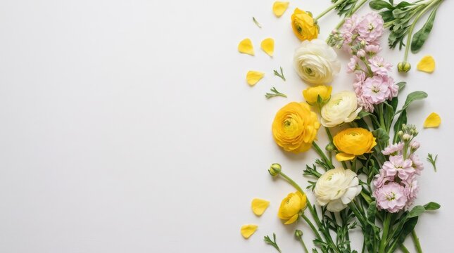 Beautiful yellow and pink flowers on white background