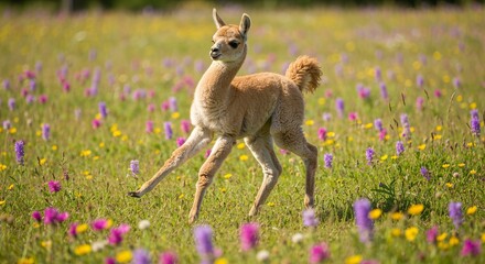 Obraz premium Playful cria (baby llama) frolicking in wildflowers, bright daylight, whimsical mood