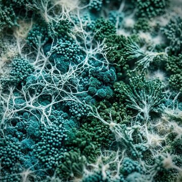 Close-up Abstract Pattern of Microscopic Fungal Growth, Featuring Intricate Blue and Green Textures Reminiscent of Bread Mold and Organic Life Forms