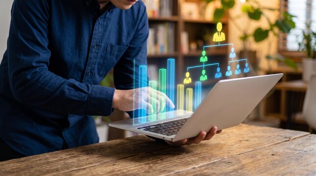 Business Professional Analyzing Data and Organizational Charts on Laptop