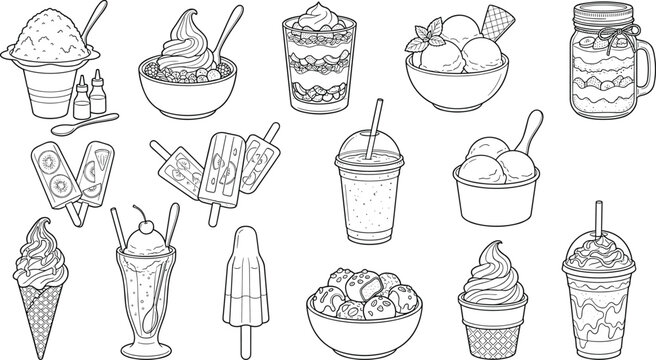 Frozen Dessert and Sweet Treats Line Art Set Featuring Ice Cream, Popsicles, and Milkshakes