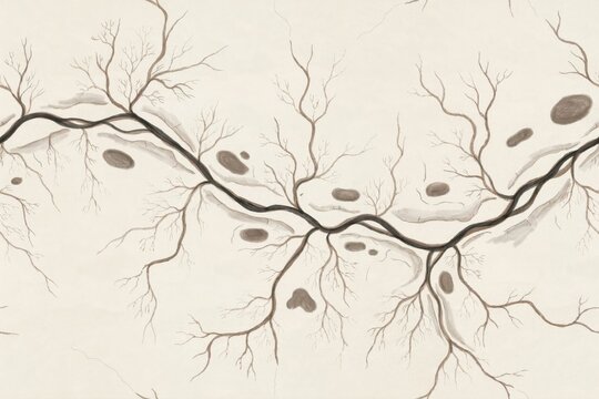 A detailed biological diagram showing branching vascular networks with dark cellular nuclei and fibrous connections on a light beige background