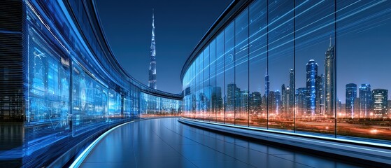 Naklejka premium Futuristic city skyline at night with illuminated skyscrapers and modern architecture featuring glass windows