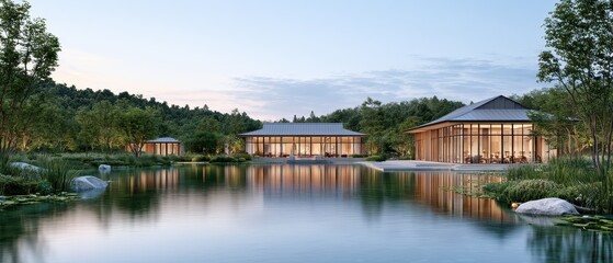 Fototapeta premium Tranquil Modern Architecture Surrounded by Lush Nature and Calm Water at Dusk with Reflective Surfaces and Serene Atmosphere