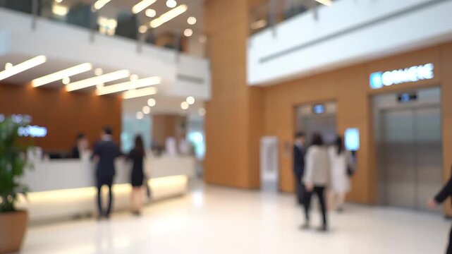 Blurred view of a modern hospital or office lobby with people, a reception desk, and elevators, conveying a busy and professional atmosphere.