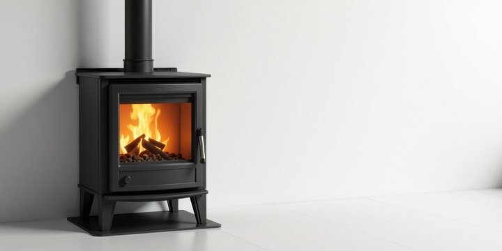 A Modern Black Wood Burning Stove with a Bright, Warm Fire Glowing Inside, Set Against a Clean White Wall in a Minimalist Interior Setting