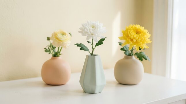 Three decorative vases with fresh flowers on a white surface