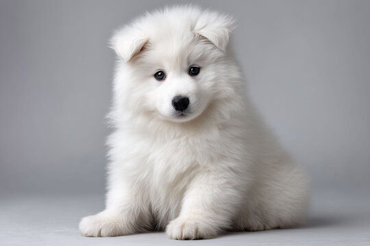 グレー背景でおすわりする真っ白なサモエドの子犬