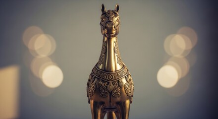 Obraz premium Ancient Golden Llama Statue with Intricate Details and Soft Bokeh Background.