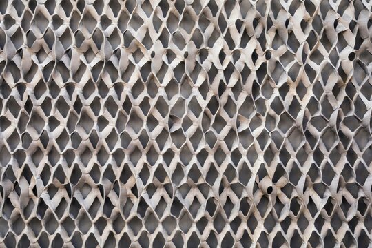 A detailed close up view of a beige honeycomb cooling pad texture with repeating diamond shaped cells and vertical wavy paper layers