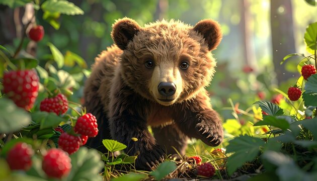 Adorable Brown Bear Cub Wandering Through a Lush Forest Patch Filled with Ripe Red Wild Raspberries in Sunny Woodland Environment