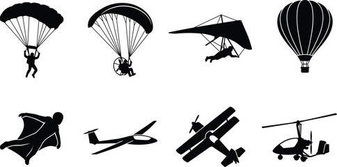 Aviation and Air Sports Silhouette Set Featuring Parachute, Glider, and Hot Air Balloon © MdAsraful