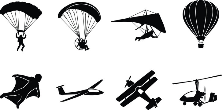 Aviation and Air Sports Silhouette Set Featuring Parachute, Glider, and Hot Air Balloon