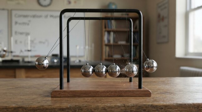 Close View of Newton Cradle in Bright Science Classroom