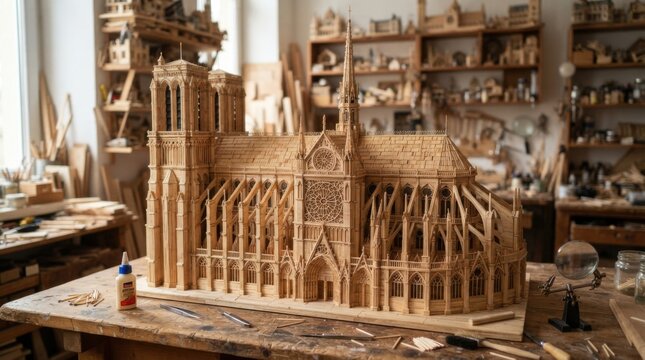 Detailed Wooden Gothic Cathedral Model in Artisan Workshop