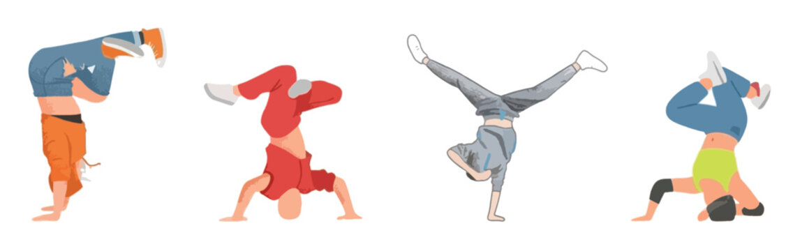 Hip Hop Breakdancers Character Set Performing Street Dance Poses Vector Illustration Isolated on White Background