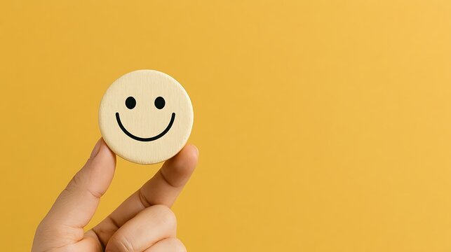 Hand holding a wooden smiley face on a yellow background. Represents customer satisfaction and positive feedback.