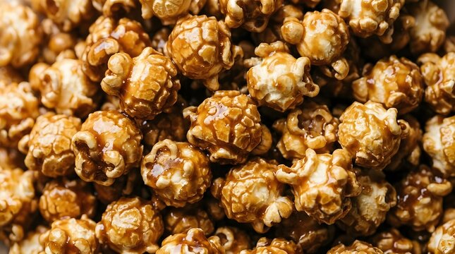 Full frame background of golden glossy caramel coated popcorn kernels