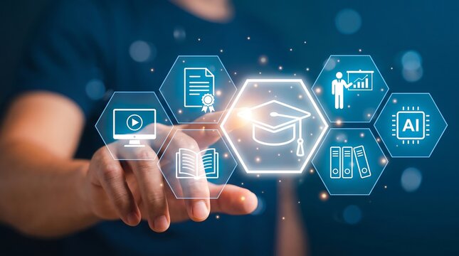 Hand touching digital interface with icons of online education and artificial intelligence for smart learning management systems in digital workplace