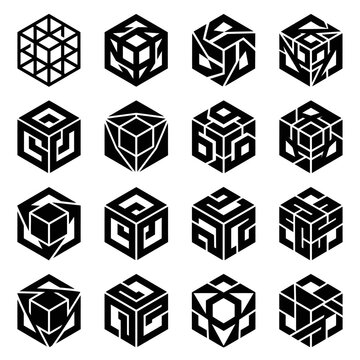 Set of abstract geometric black cube vector logos and icons on a white background