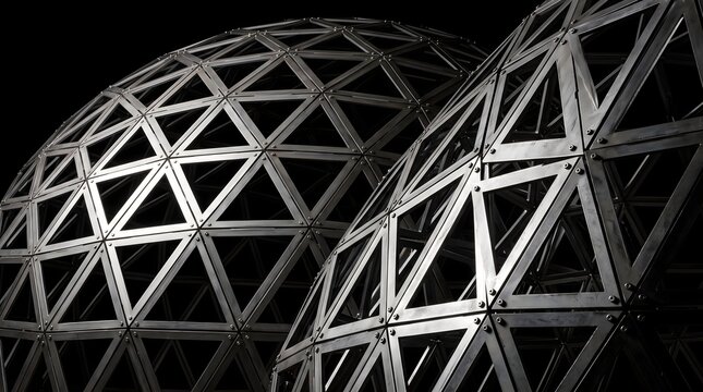 Interlocking metal triangles form geodesic domes, symbolizing the unbreakable strength of interconnected ideas, complex networks, and visionary architectural design.