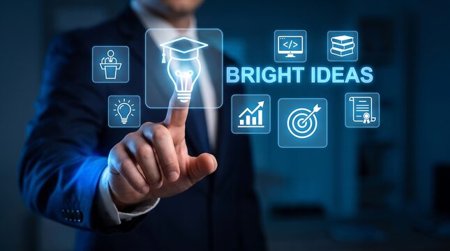 Businessman pointing at holographic interface with bright ideas and educational symbols for corporate training and professional development solutions