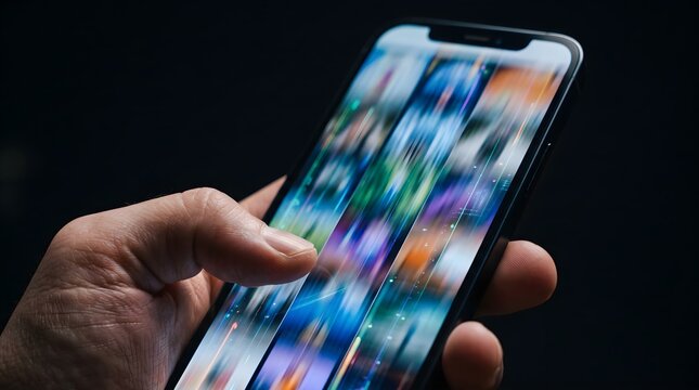 Smartphone data transfer finger scrolling through digital mobile applications across colorful screen interface in dark studio light