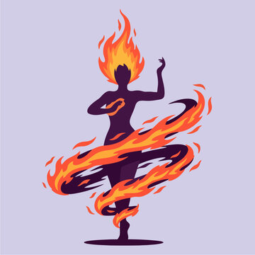 Vector illustration of a graceful female silhouette dancing engulfed in bright stylized flames