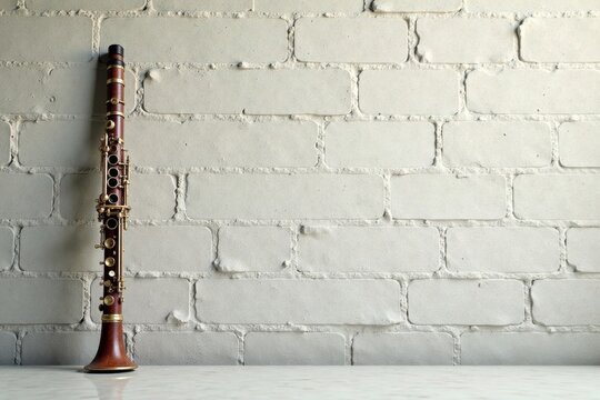 A Dark Wood Clarinet Rests Against a White Brick Wall