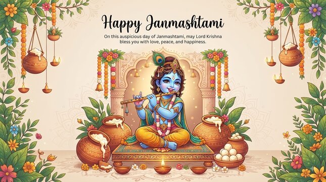 Happy Khrishna Janmashtami and dahi handi Hindu festival of happy shree lord krishna god born with janmashtami text and gradient background. abstract vector illustration design