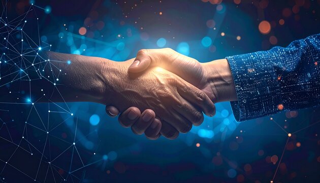 Business partnership handshake with digital network background representing global cooperation and technology