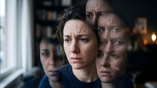 Mental health anxiety woman suffering with multiple personality disorder experiences panic and dissociative identity inside a quiet room