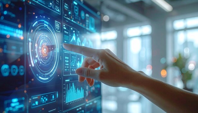 User interacting with a futuristic digital interface, highlighting advanced technology and data visualization