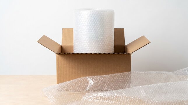 Open Cardboard Box with Bubble Wrap Roll for Safe Packaging and Shipping