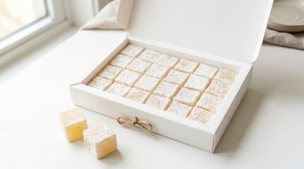 Fototapeta premium Box of turkish delight cubes with powdered sugar on a white surface