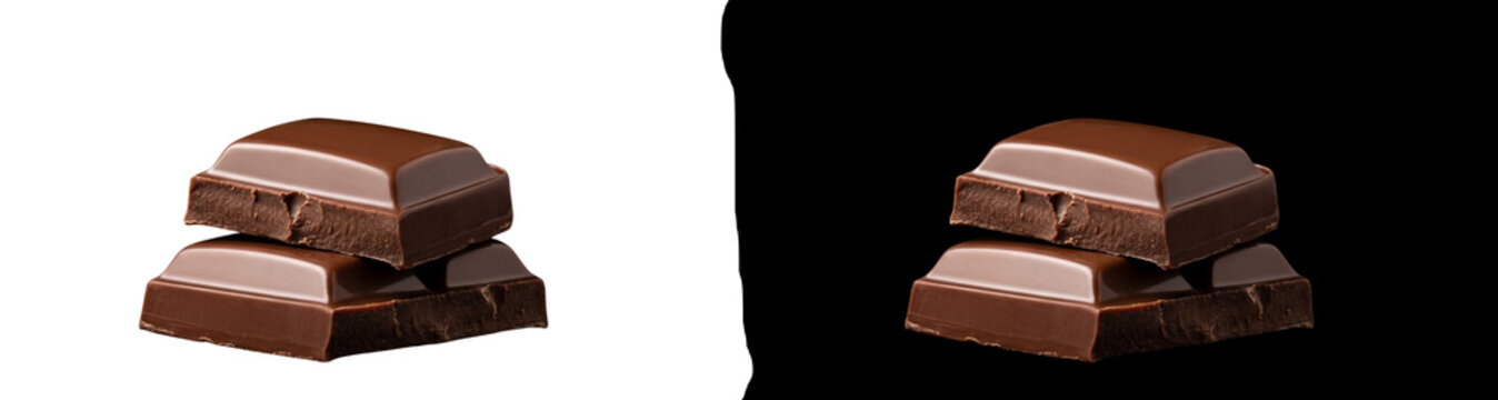 Two pieces of delicious milk chocolate stacked isolated on transparent background
