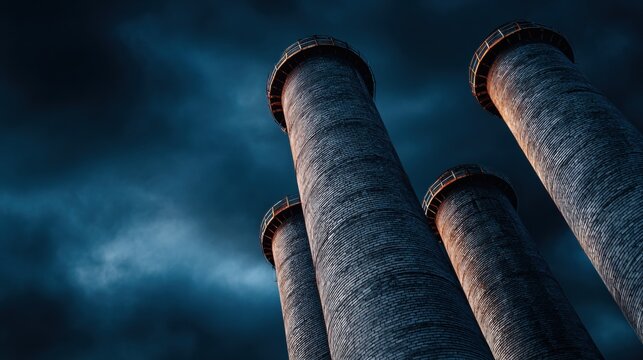 Imposing industrial brick towers pierce a dramatic, twilight blue sky with subtle warm light