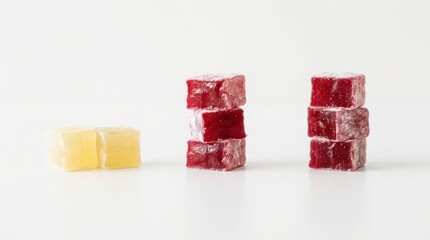 Fototapeta premium Two yellow and two stacks of three red turkish delight cubes isolated on white background