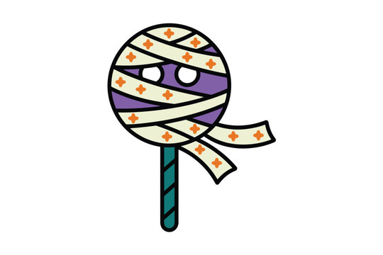 Cute Mummy Candy Lollipop Vector Illustration for Halloween Celebration Featuring Purple Round Pop Wrapped in White Bandages with Orange Floral Icons