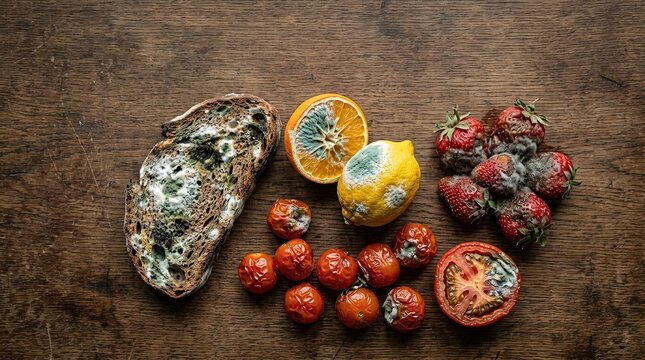 Rotten fruits and bread on wooden background a study in food spoilage and decay